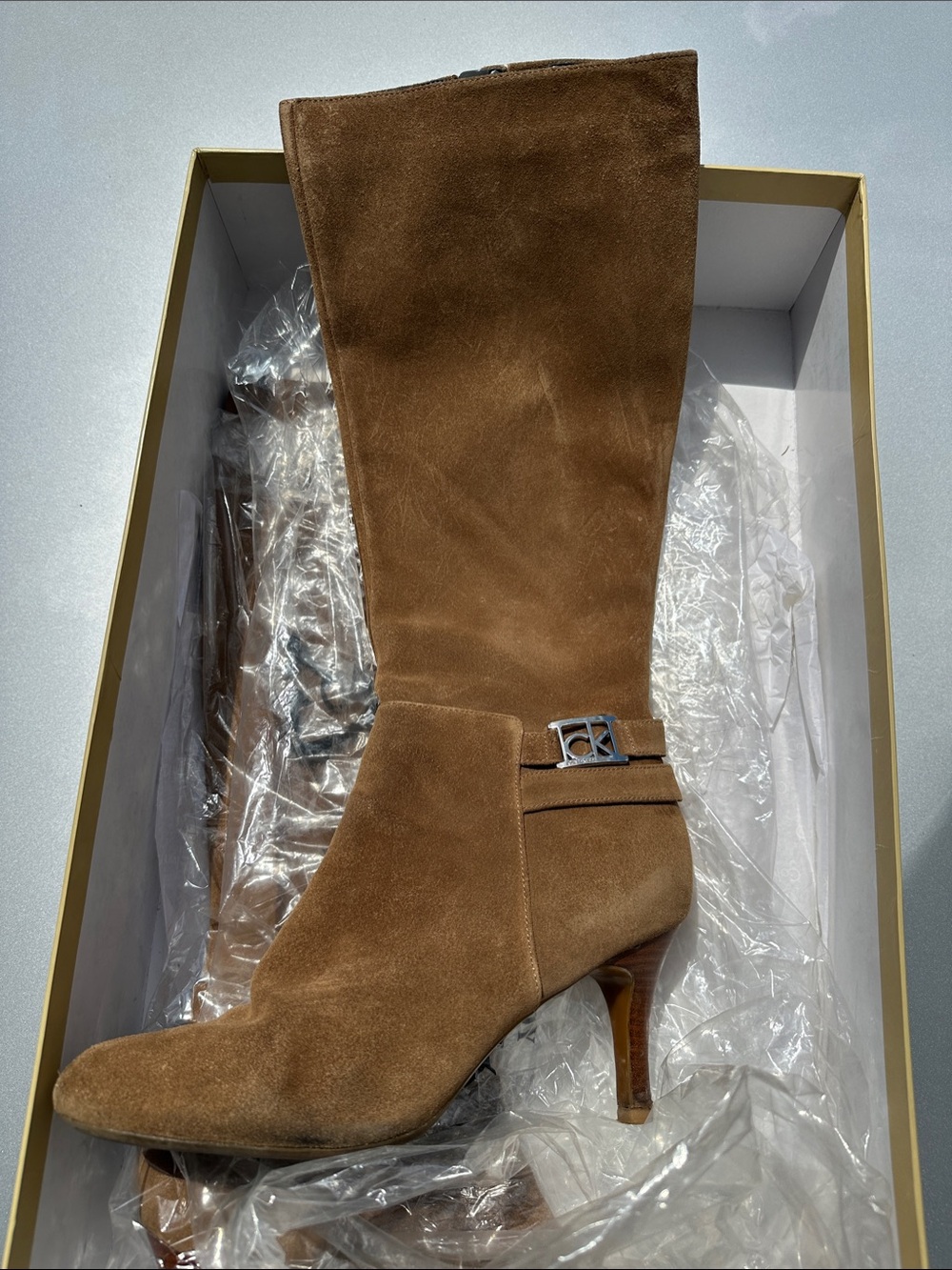 Calvin Klein Suede Knee-High Boots with Silver Logo Accent